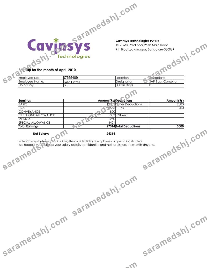 INDIA CAVINSYS Technologies Pvt Ltd payslip in Word and PDF formats
